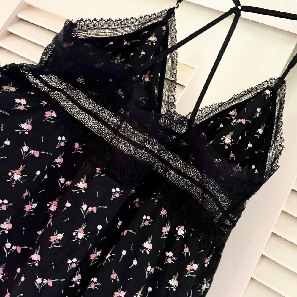 NWT Victoria's Secret Floral Pajama Sleep Cami Top M Black Pink Lace